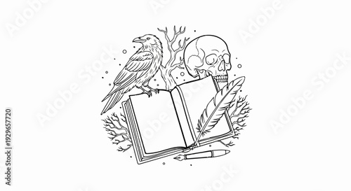 A raven rests on an open book next to a skull and quill pen