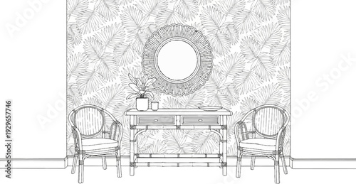 Elegant sketch of a hall with a console, mirror, two chairs, and tropical leaf wallpaper