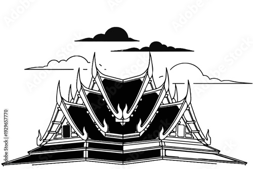 Ornate multi-tiered roof with upturned eaves, against a cloudy sky