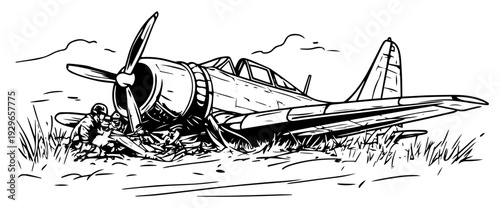 Vintage Airplane Crash Site Hand Drawn Sketch, WWII Warplane Wreckage in Field Vector Illustration, Military Aircraft Emergency Landing Drawing