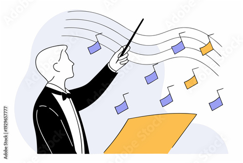 Man orchestral conductor icon. Orchestrator concept. Ai agent. Flat linear art vector illustration for music event, concert, performance banner