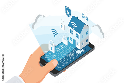 Smart house technology. Home controlling system. Isometric vector illustration. New creative design.