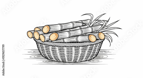 A woven basket overflows with harvested sugarcane stalks and leafy tops