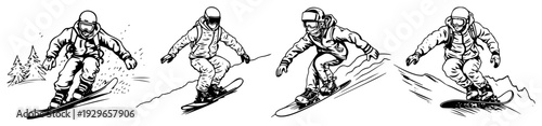Snowboarder Action Poses Set Vector Illustration, Winter Sports Snowboarding Hand Drawn Sketches