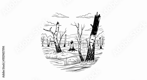 Striking illustration of a desolate, bare forest with broken trees and scattered clouds