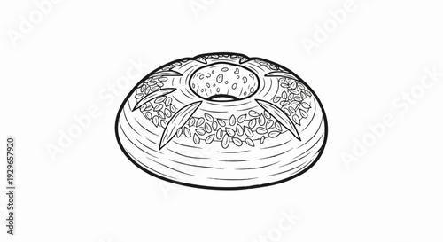 A detailed line drawing of a circular bread loaf topped with seeds and grain