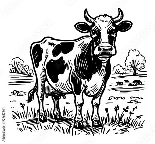 Dairy Cow in Pasture Field Hand Drawn Sketch Vector, Farm Animal Grazing in Rural Landscape Illustration