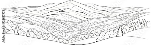 Stylized drawing of a serene mountain valley with a winding river and dense forest