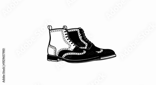 Stylized outline drawing of two wingtip boots, one black, one white