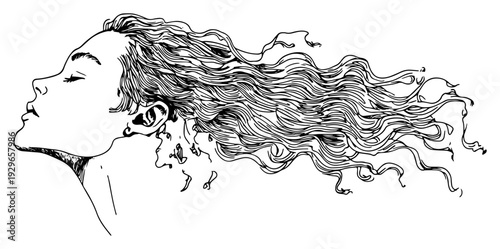 Beautiful Woman Portrait with Long Wavy Hair Sketch Vector, Profile View of Female with Flowing Hair Illustration