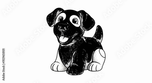 A black and white drawing of a happy cartoon puppy sitting and panting
