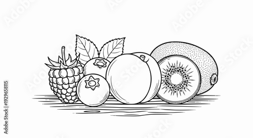 Assorted berries and fruit, including raspberries, blueberries, a plum, and kiwi