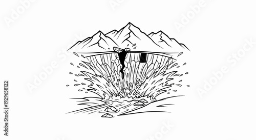 A cracked dam bursts open with water and debris cascading down mountains