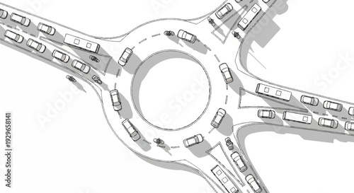 Stylized aerial view of a busy roundabout with cars and buses