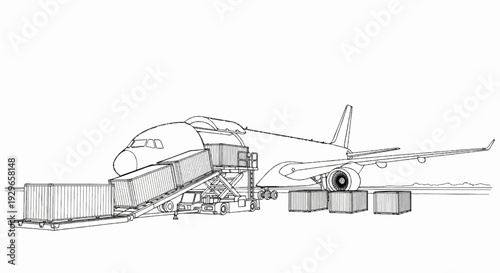 Cargo plane being loaded with containers via a conveyor belt system
