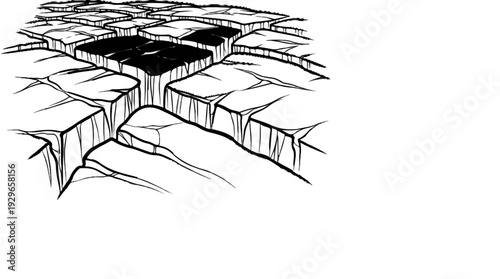 Cracked icy ground with deep dark crevasses and shadowed fissures