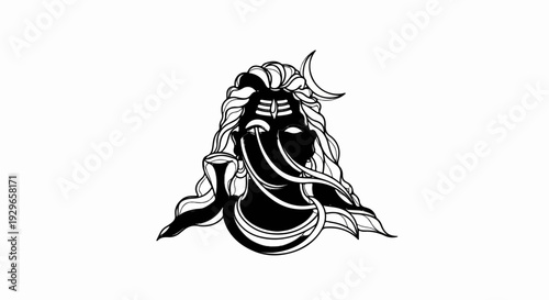 Stylized black and white illustration of a deity with flowing hair and a crescent moon