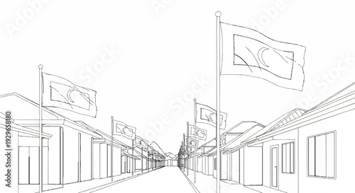 Row of buildings with flags on poles lining a street, leading to distant hills