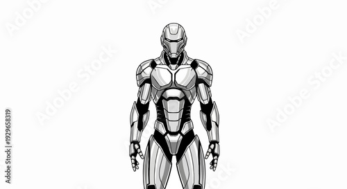 A futuristic, metallic armored humanoid figure stands against a stark white background
