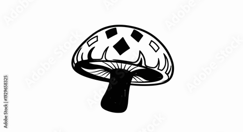 Stylized black and white ink drawing of a mushroom with diamond pattern on cap