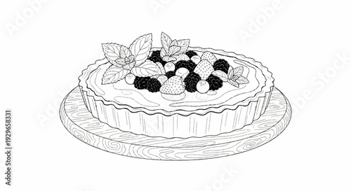 A hand-drawn sketch of a berry tart with mint leaves on a wooden board