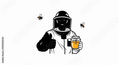 Beekeeper in protective suit holds jar of honey, gives thumbs up, two bees fly nearby