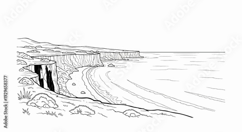 A stark black and white sketch depicts a rugged coastline with sheer cliffs meeting a calm sea