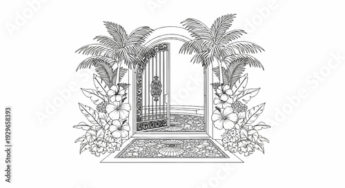 Ornate gate with palm trees and tropical flowers opens to a patterned walkway