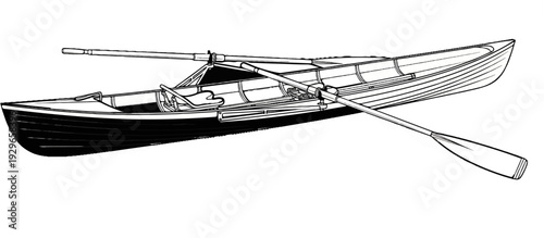 Elegant wooden rowing boat with oars extended, detailed sketch on white