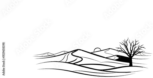 Stylized black and white desert landscape with rolling dunes and a bare tree