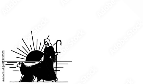 Shepherd guides sheep at sunrise over water with radiating sun