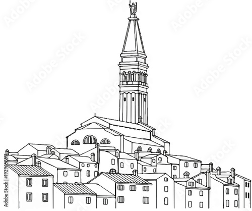 Sketch of a coastal town with a prominent bell tower and tightly packed buildings