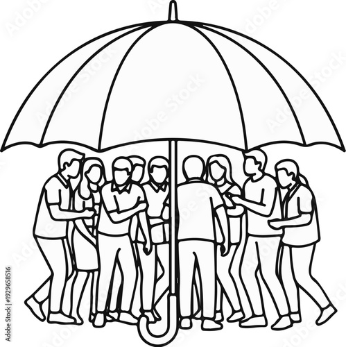 A group of people huddled together under a large umbrella for protection