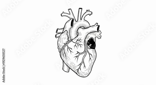 Detailed black and white illustration of a human heart, showing vessels and chambers
