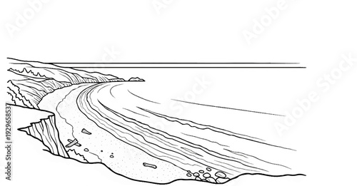 Black and white illustration of a curving sandy coastline with rocky cliffs and the ocean