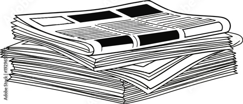 Stack of newspapers with articles and headlines, black ink drawing
