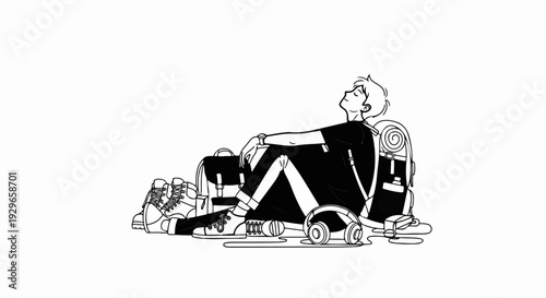 A young person in black clothes rests among camping gear and headphones