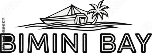 Stylized graphic depicts a boat and palm tree on waves, with bold text below