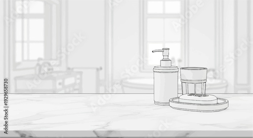 A minimalist bathroom counter displays soap, a dispenser, and a glass with a blurred background