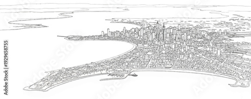 Expansive aerial view of a bustling city skyline nestled along a curved bay