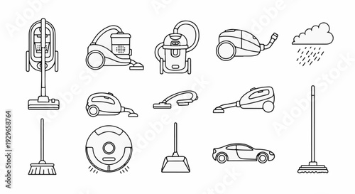 Collection of various cleaning tools and a car, along with a rain cloud icon