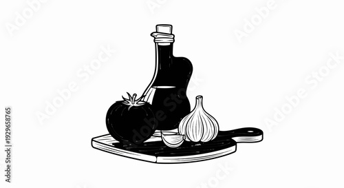 Simple black and white illustration of cooking ingredients including a tomato, garlic, and oil
