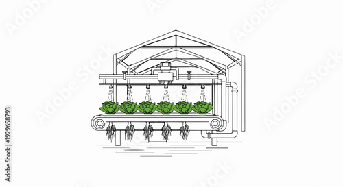 Hydroponic system with automated sprinklers watering row of leafy green plants