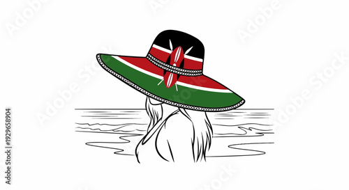 Woman in a wide-brimmed hat with Kenyan flag colors stands in water