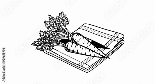 Two fresh carrots with green leaves are depicted on a striped cloth