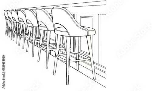 A row of upholstered bar stools with wooden legs are lined up neatly at a bar