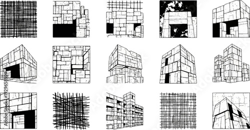 Abstract, geometric stone structures and line patterns create a sense of ancient, monumental architecture