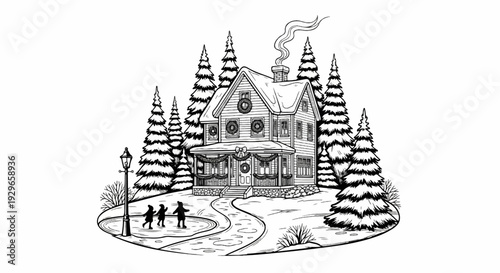 A festive, snow-covered house with decorated trees, a lamppost, and skaters on ice