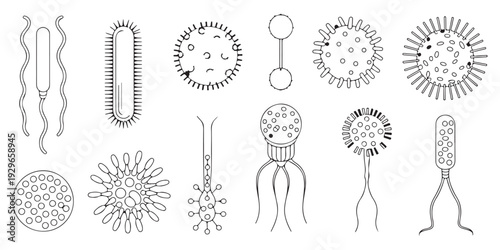 Infectious bacteria and virus symbols set with various tails and spikes for microbiology visual projects