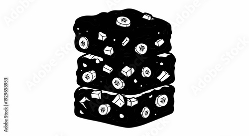 A stack of three dark, rich brownies with banana slices and cubes scattered throughout